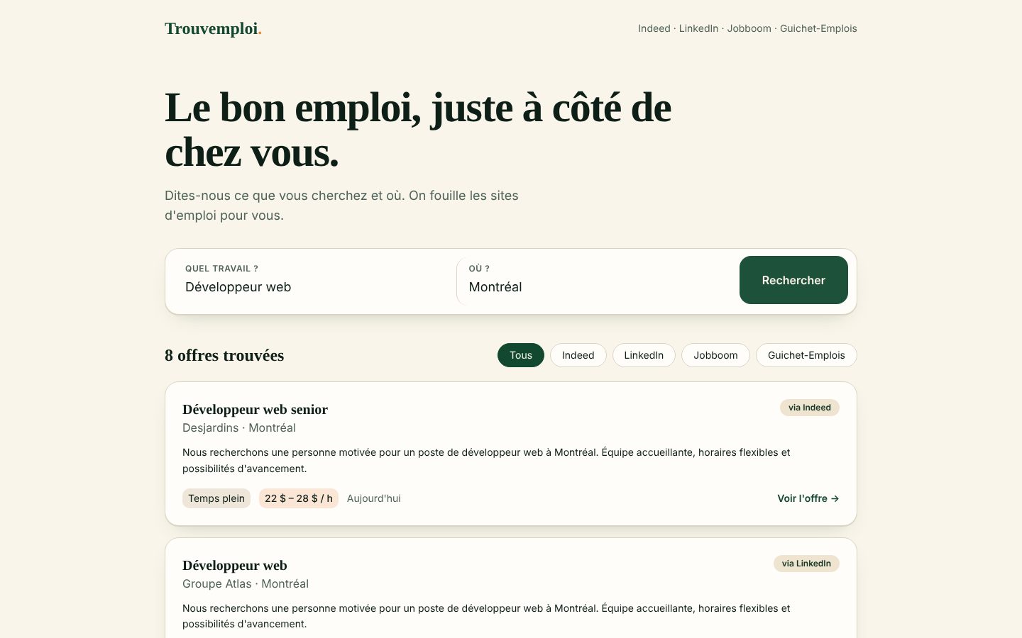 Trouvemploi page: a search for "Développeur web" in Montréal, 8 jobs found, filters by job site and job cards with pay and job type.