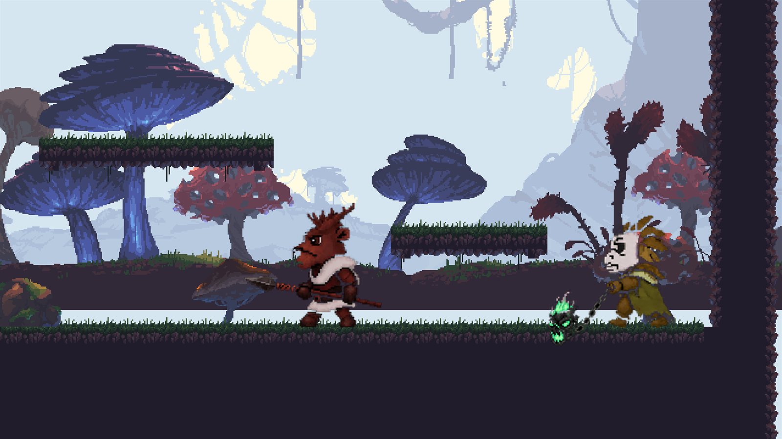 Boss fight in the Marsh arena: a horned beast with a spear and a masked witch swinging a chained skull, among giant mushrooms.
