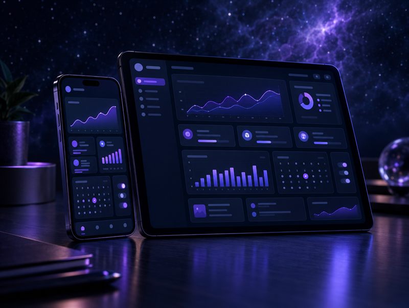 Phone and tablet showing an app with charts, a booking calendar and toggles.