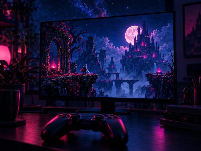 Monitor showing a pixel-art platformer, a knight before a moonlit castle, with a game controller in the foreground.