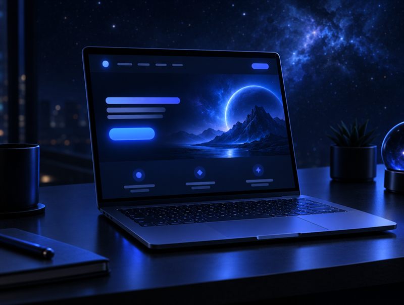 Ordinateur portable sur un bureau la nuit, avec une landing page à l'écran : grand visuel et bouton d'action lumineux.