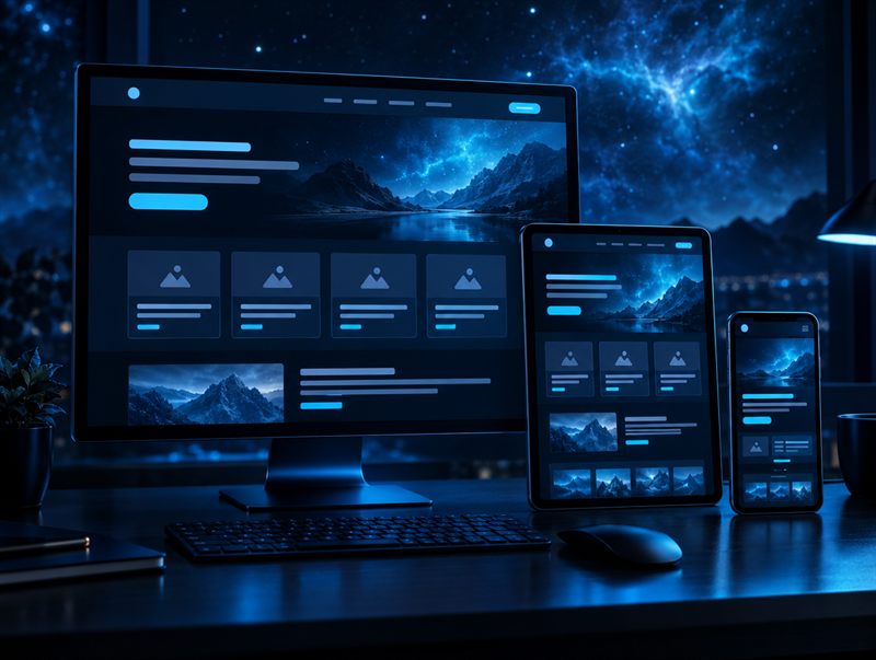 Le même site web affiché sur un écran d'ordinateur, une tablette et un téléphone.